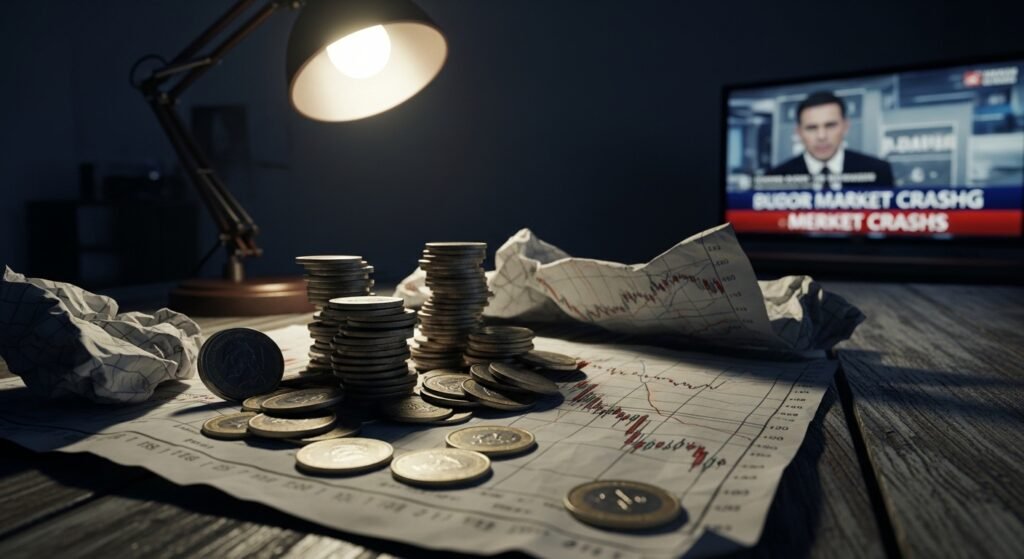 cinematic, high detail, dramatic lighting, realistic coins and charts, tense atmosphere, financial crisis theme.
